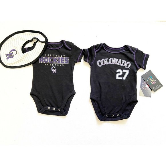 2pk NWT MLB Colorado Rockies Short Sleeve Baby's  Bodysuit 0-3M with Bib, Black - Picture 1 of 4